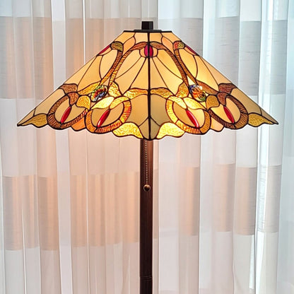 62" Beige Two Light Floor Lamp With Brown And White Glass Cone Shade HomeRoots