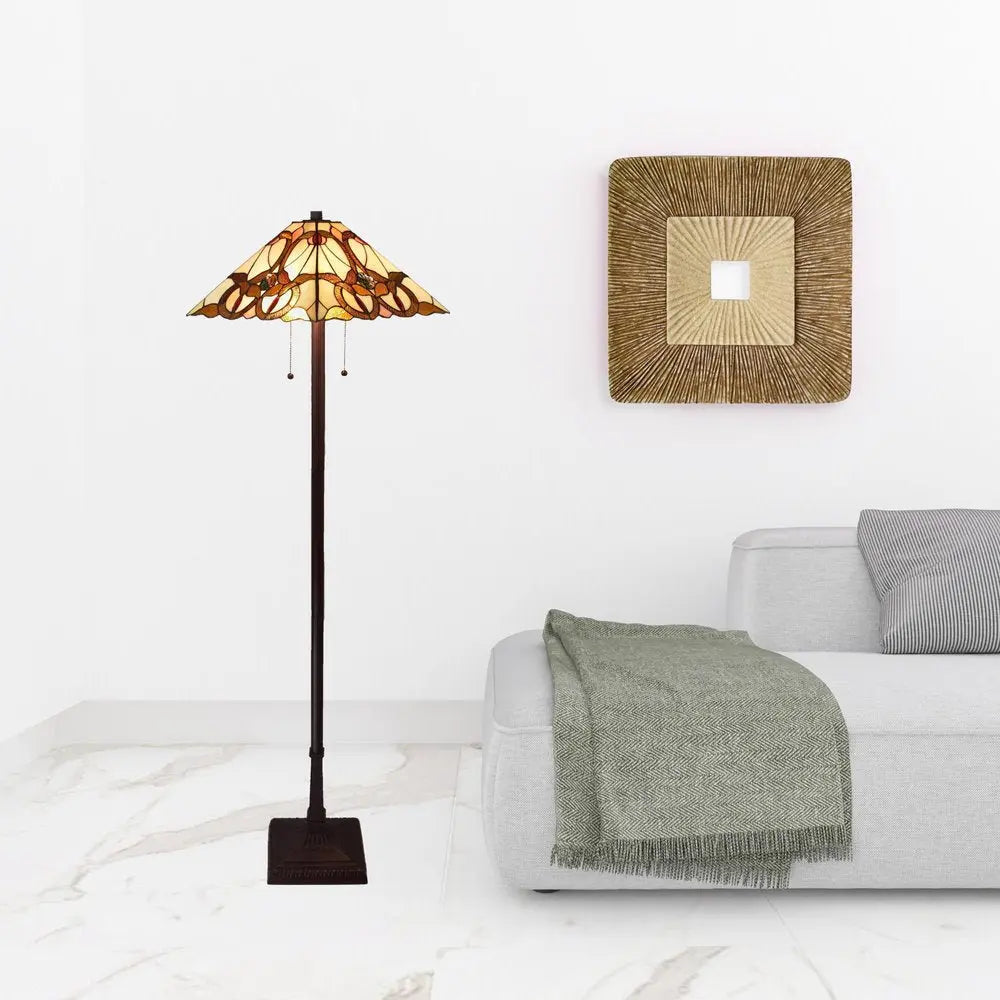 62" Beige Two Light Floor Lamp With Brown And White Glass Cone Shade HomeRoots