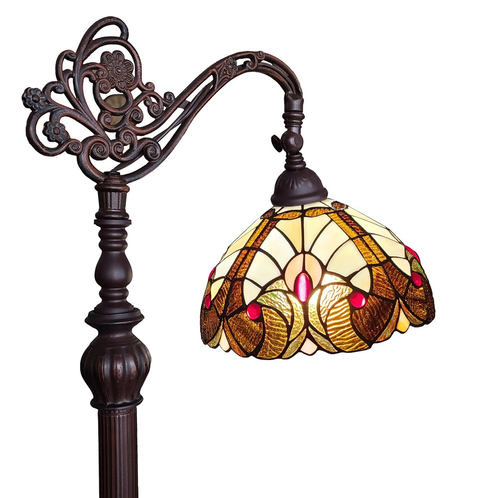 62" Beige Torchiere Floor Lamp With Brown And White Flowers Glass Dome Shade HomeRoots