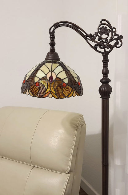 62" Beige Torchiere Floor Lamp With Brown And White Flowers Glass Dome Shade HomeRoots