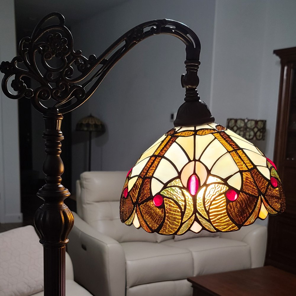 62" Beige Torchiere Floor Lamp With Brown And White Flowers Glass Dome Shade HomeRoots