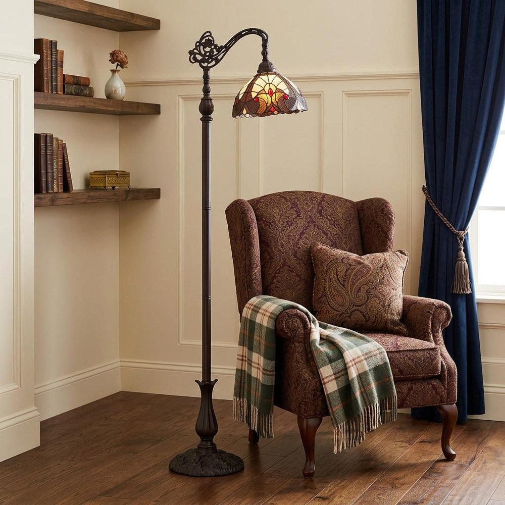 62" Beige Torchiere Floor Lamp With Brown And White Flowers Glass Dome Shade HomeRoots