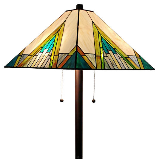 62" Brown Two Light Traditional Shaped Floor Lamp With Beige Green And Blue Geometric Stained Glass Empire Shade