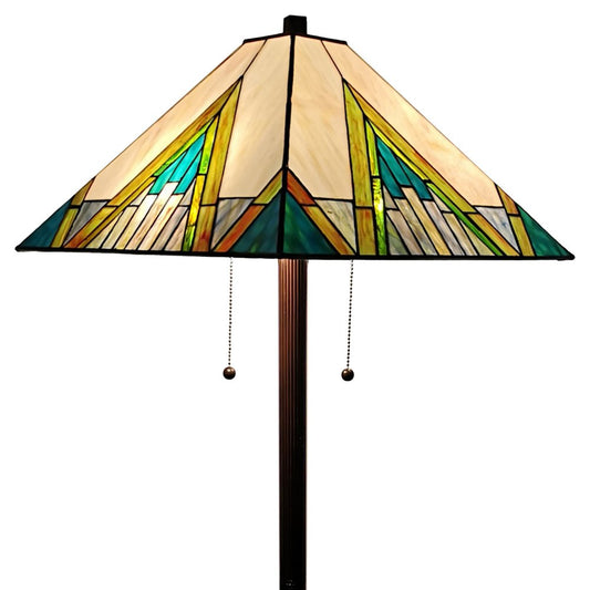 62" Two Light Tiffany Style Floor Lamp With Amber Blue And Green Stained Glass Shade