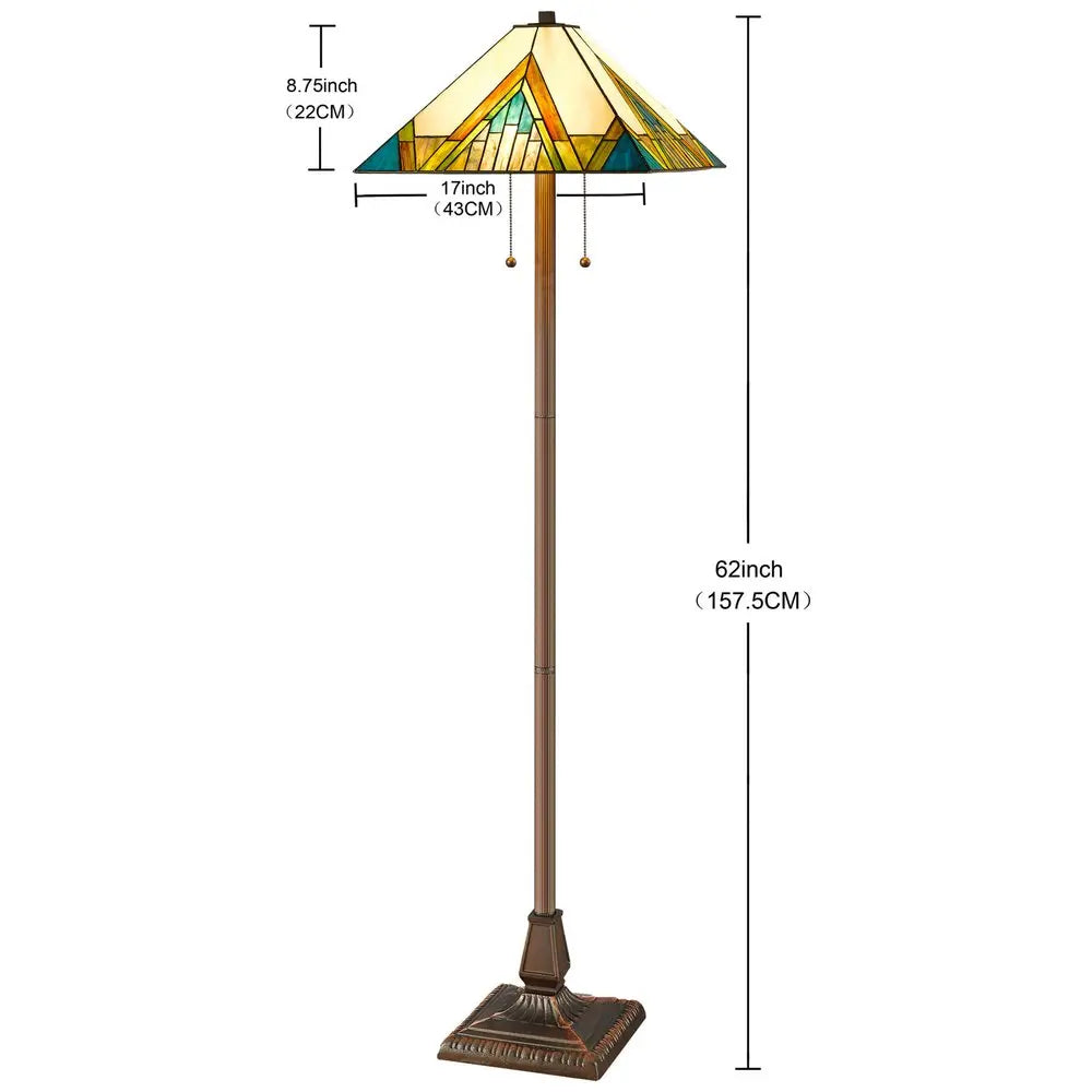 62" Two Light Tiffany Style Floor Lamp With Amber Blue And Green Stained Glass Shade HomeRoots