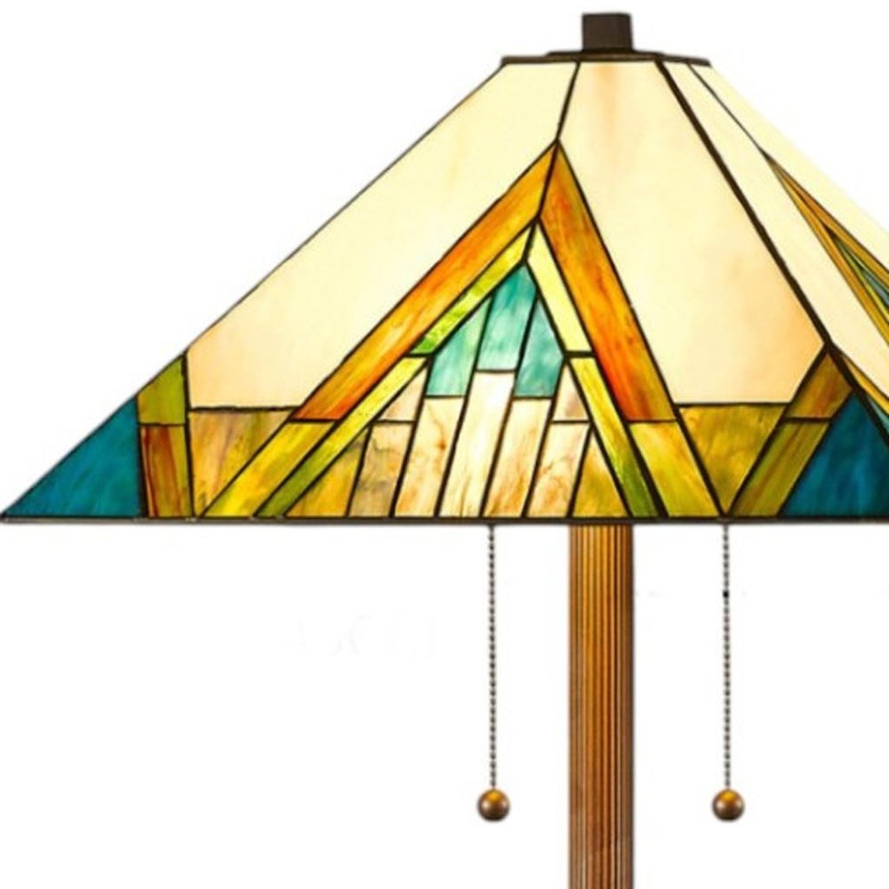 62" Two Light Tiffany Style Floor Lamp With Amber Blue And Green Stained Glass Shade — view 4