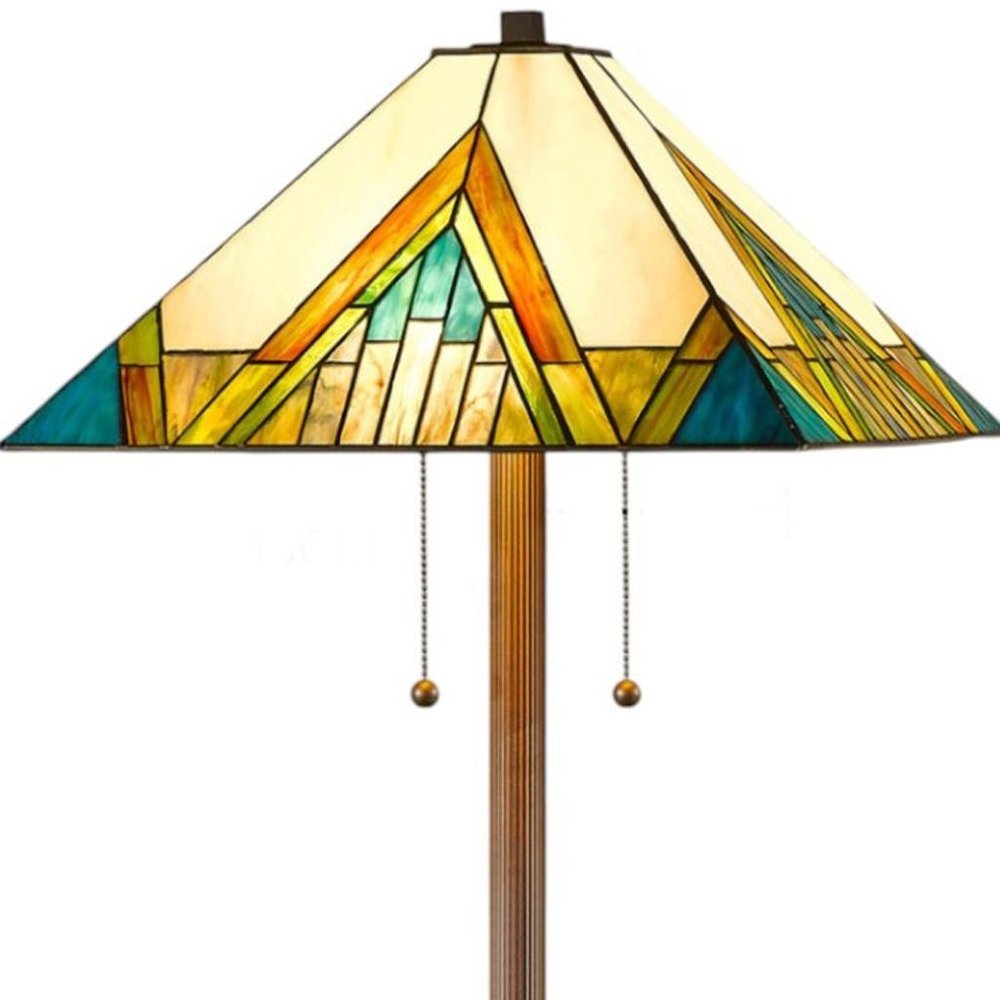 62" Two Light Tiffany Style Floor Lamp With Amber Blue And Green Stained Glass Shade — view 5