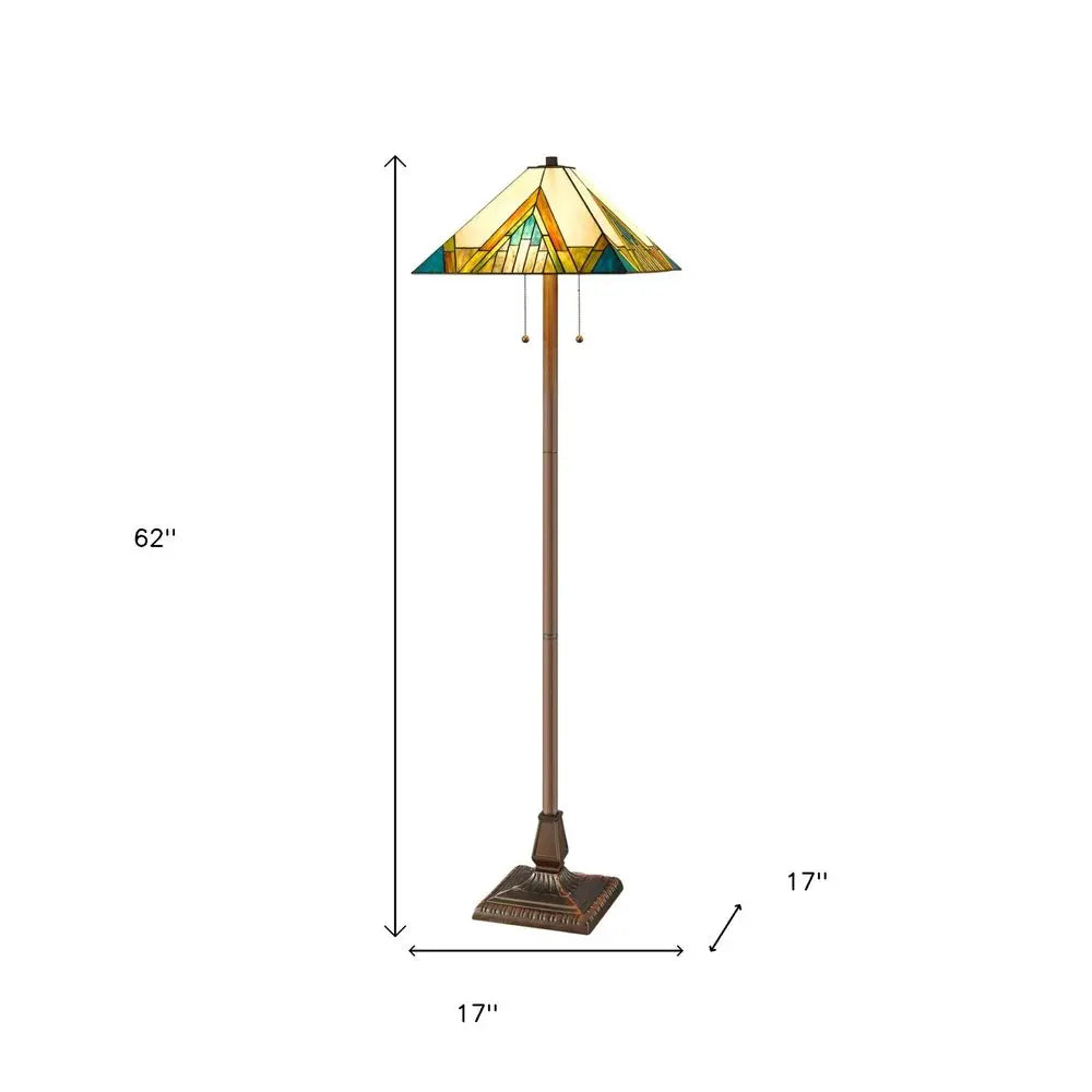62" Two Light Tiffany Style Floor Lamp With Amber Blue And Green Stained Glass Shade HomeRoots