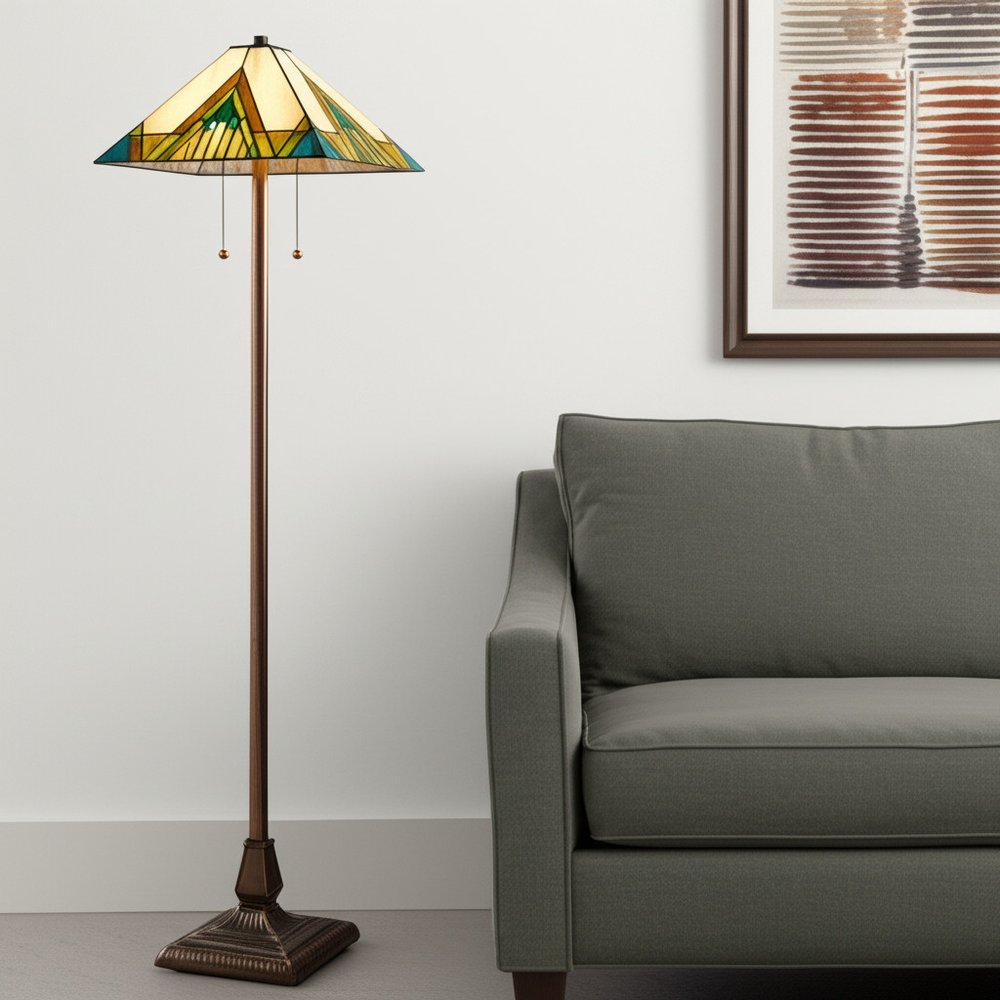 62" Two Light Tiffany Style Floor Lamp With Amber Blue And Green Stained Glass Shade — view 7