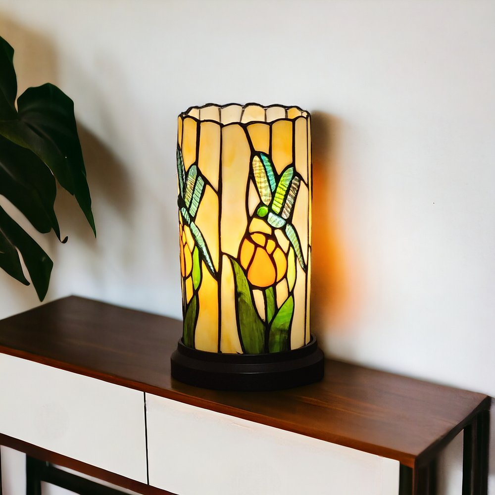 11" Beige and Green Dragonfly Stained Glass Accent Lamp HomeRoots