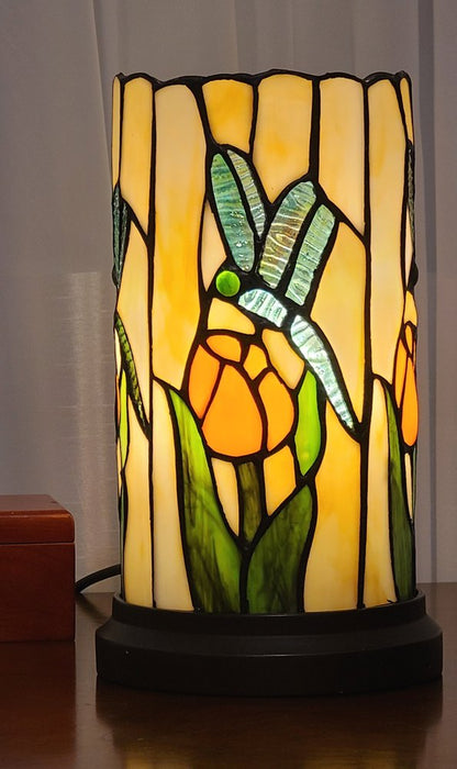11" Beige and Green Dragonfly Stained Glass Accent Lamp HomeRoots