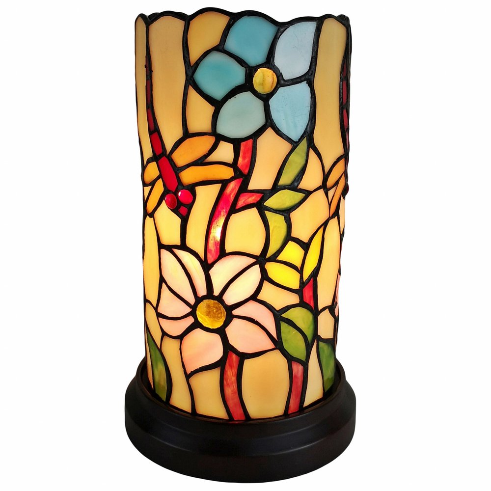 10" Red and Beige Dragonfly Stained Glass Accent Lamp — view 1