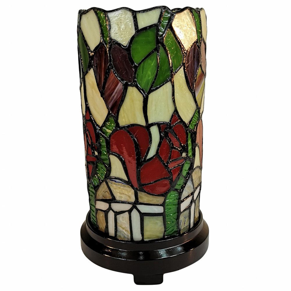 14" Red Green and Black Floral Stained Glass Accent Lamp HomeRoots
