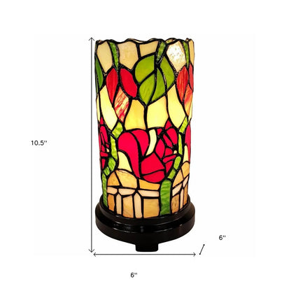 14" Red Green and Black Floral Stained Glass Accent Lamp HomeRoots