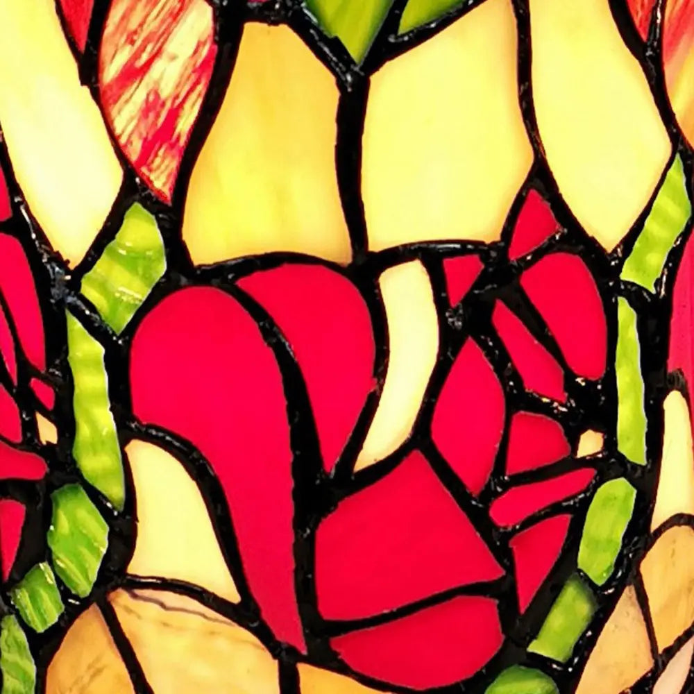 14" Red Green and Black Floral Stained Glass Accent Lamp HomeRoots