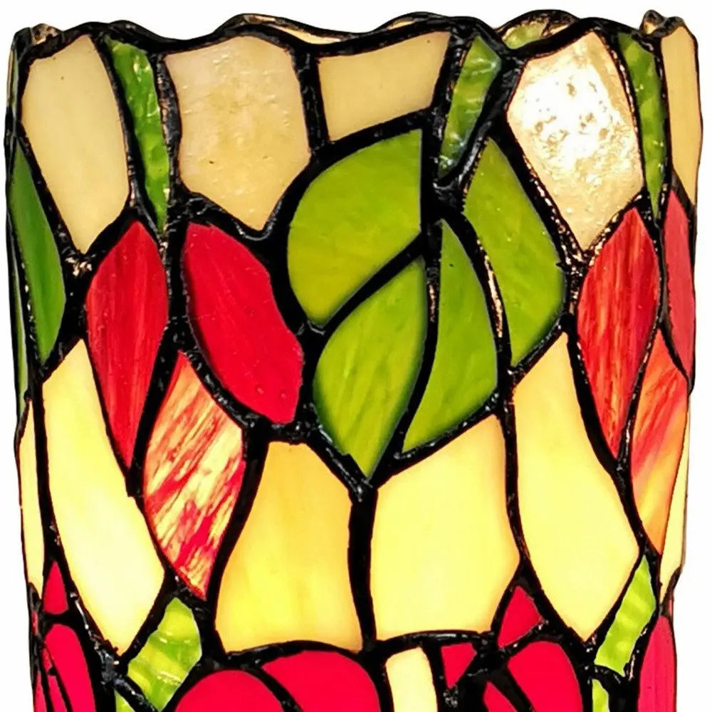 14" Red Green and Black Floral Stained Glass Accent Lamp HomeRoots