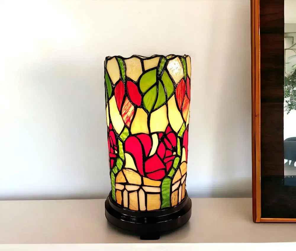 14" Red Green and Black Floral Stained Glass Accent Lamp HomeRoots