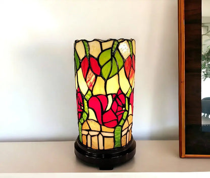 14" Red Green and Black Floral Stained Glass Accent Lamp HomeRoots