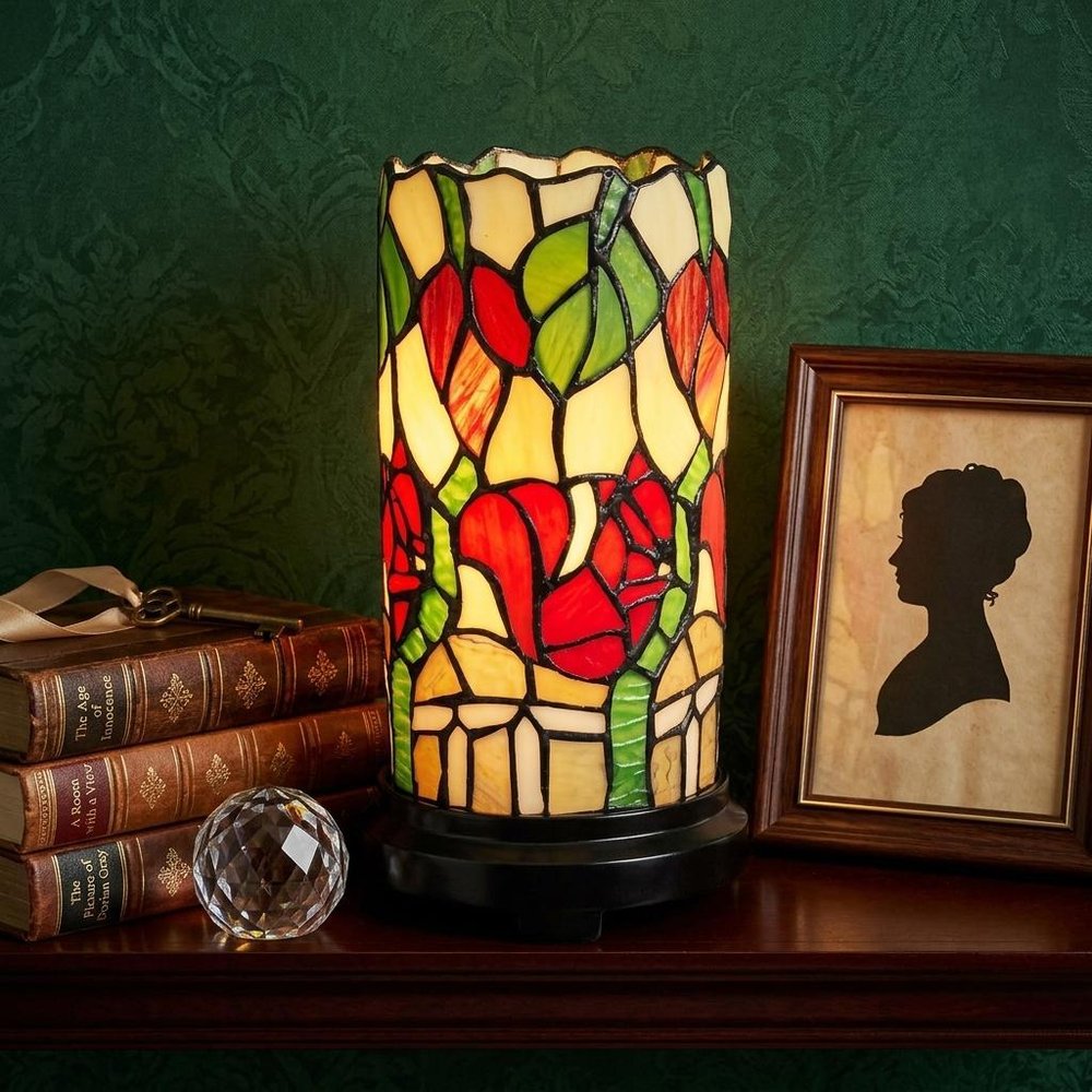 14" Red Green and Black Floral Stained Glass Accent Lamp HomeRoots