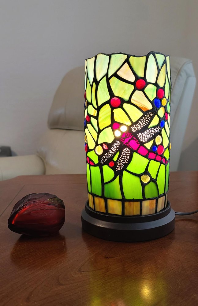 11" Green and Pink Dragonfly Stained Glass Accent Lamp — view 1