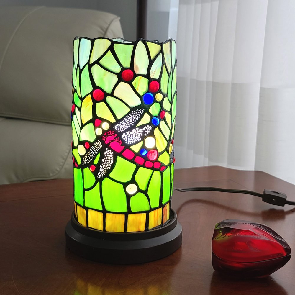 11" Green and Pink Dragonfly Stained Glass Accent Lamp — view 4
