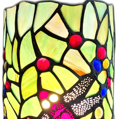 11" Green and Pink Dragonfly Stained Glass Accent Lamp