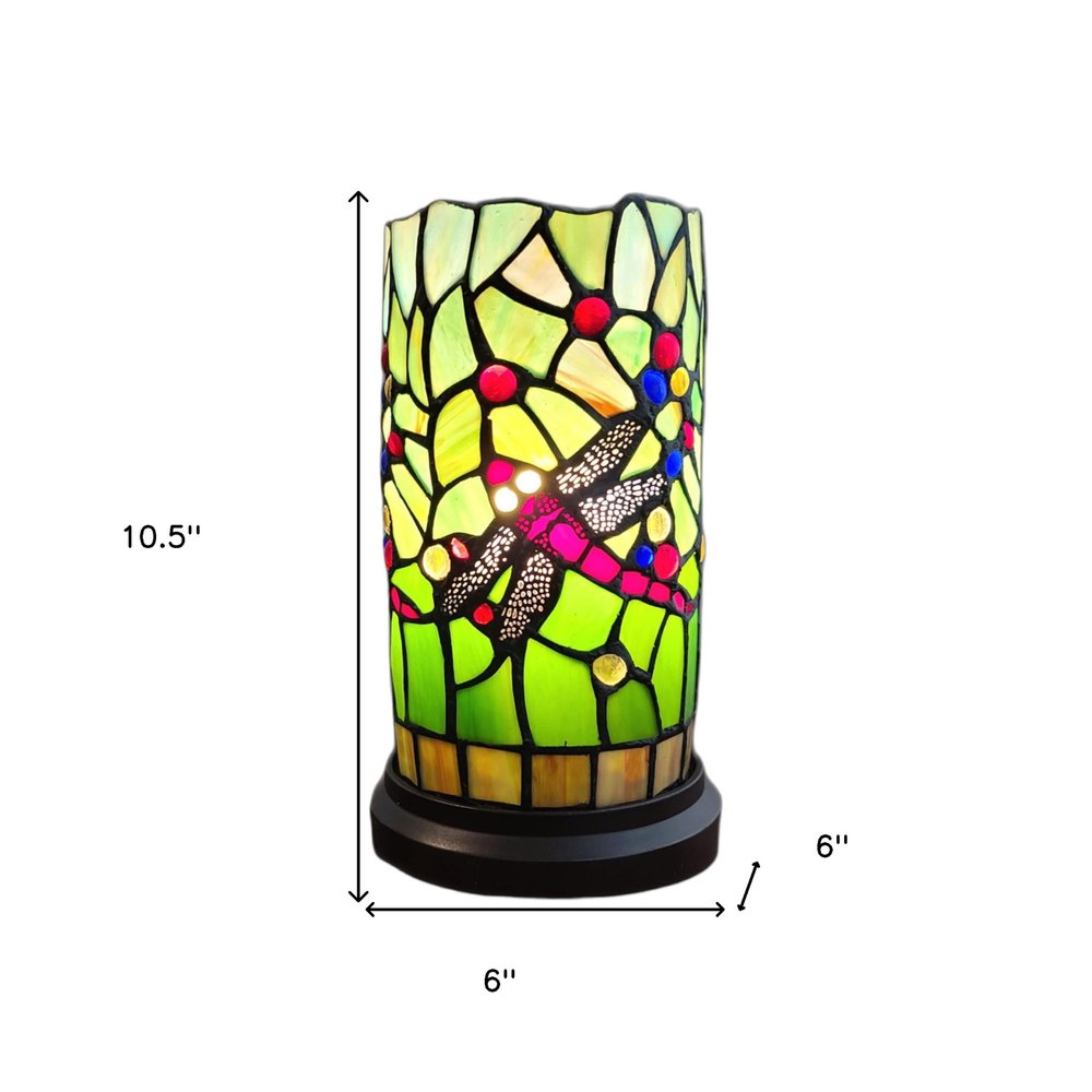 11" Green and Pink Dragonfly Stained Glass Accent Lamp HomeRoots