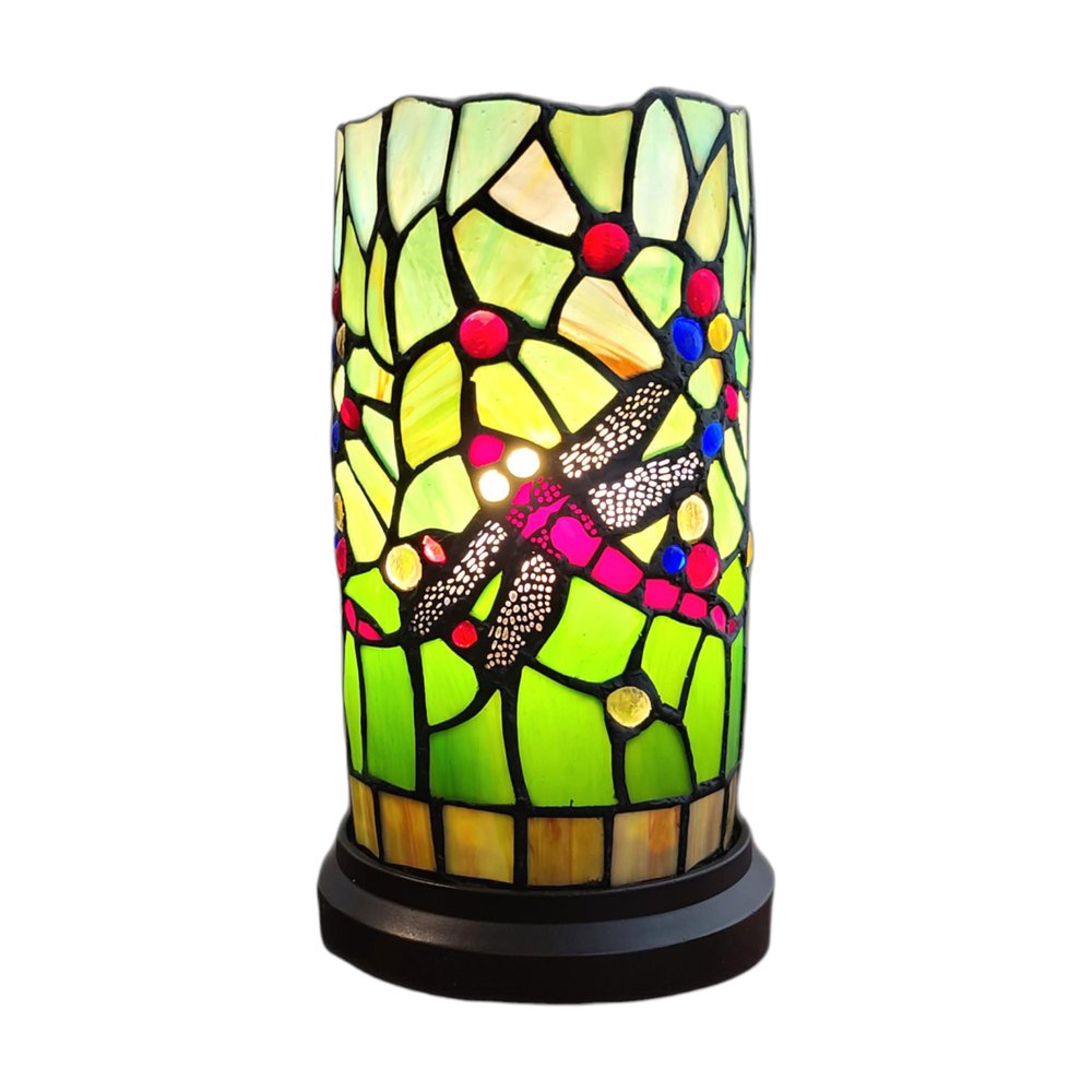 11" Green and Pink Dragonfly Stained Glass Accent Lamp — view 6