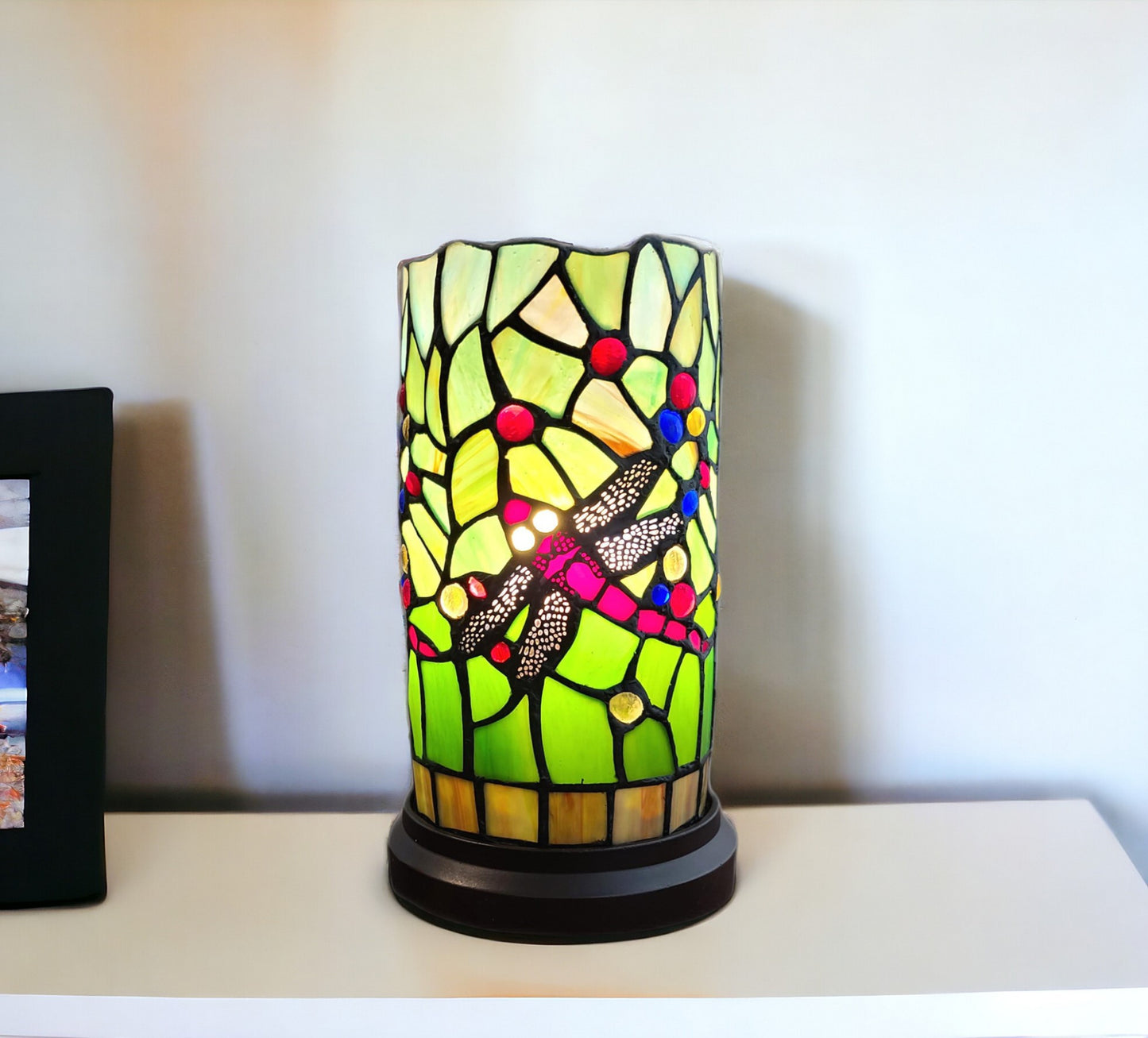 11" Green and Pink Dragonfly Stained Glass Accent Lamp