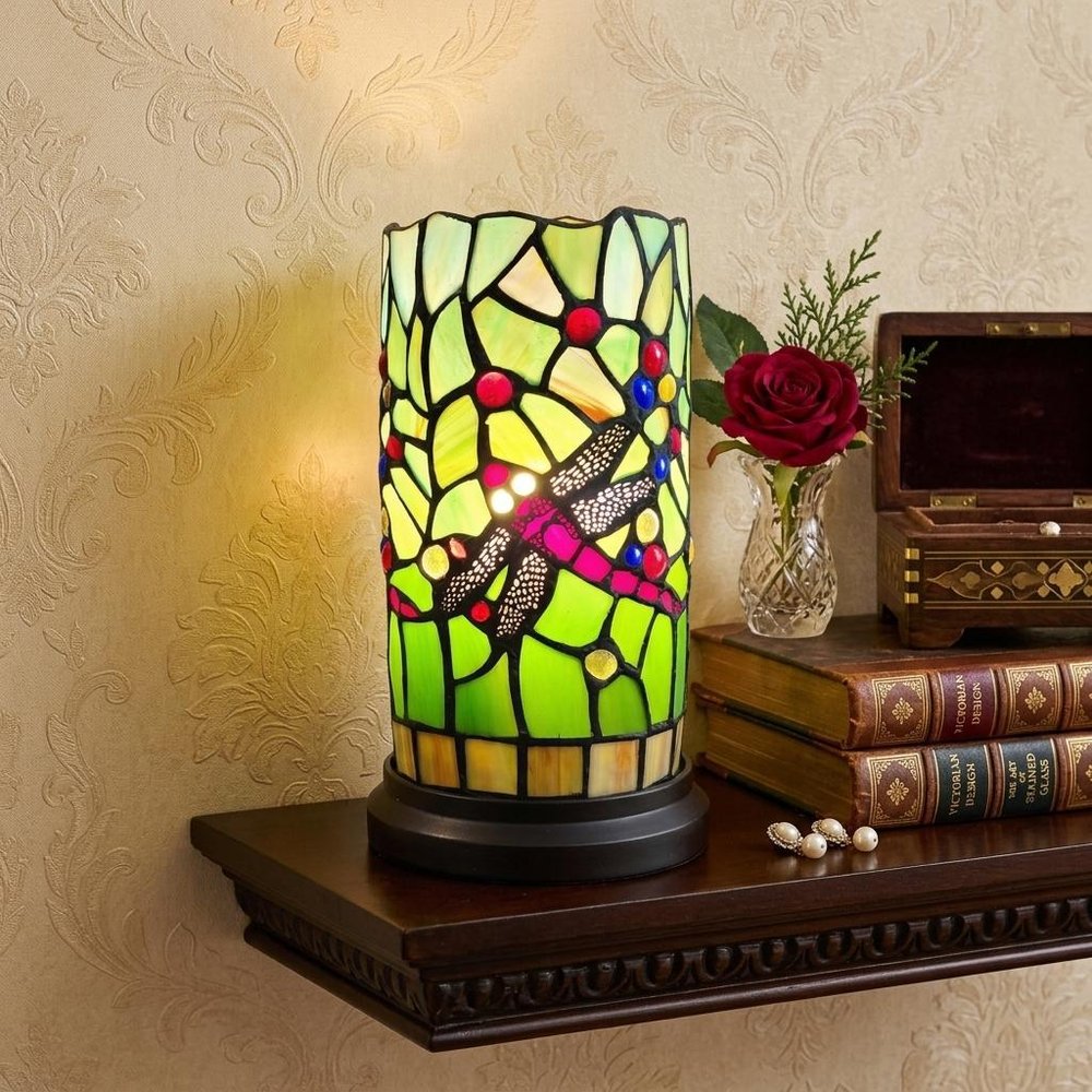 11" Green and Pink Dragonfly Stained Glass Accent Lamp HomeRoots