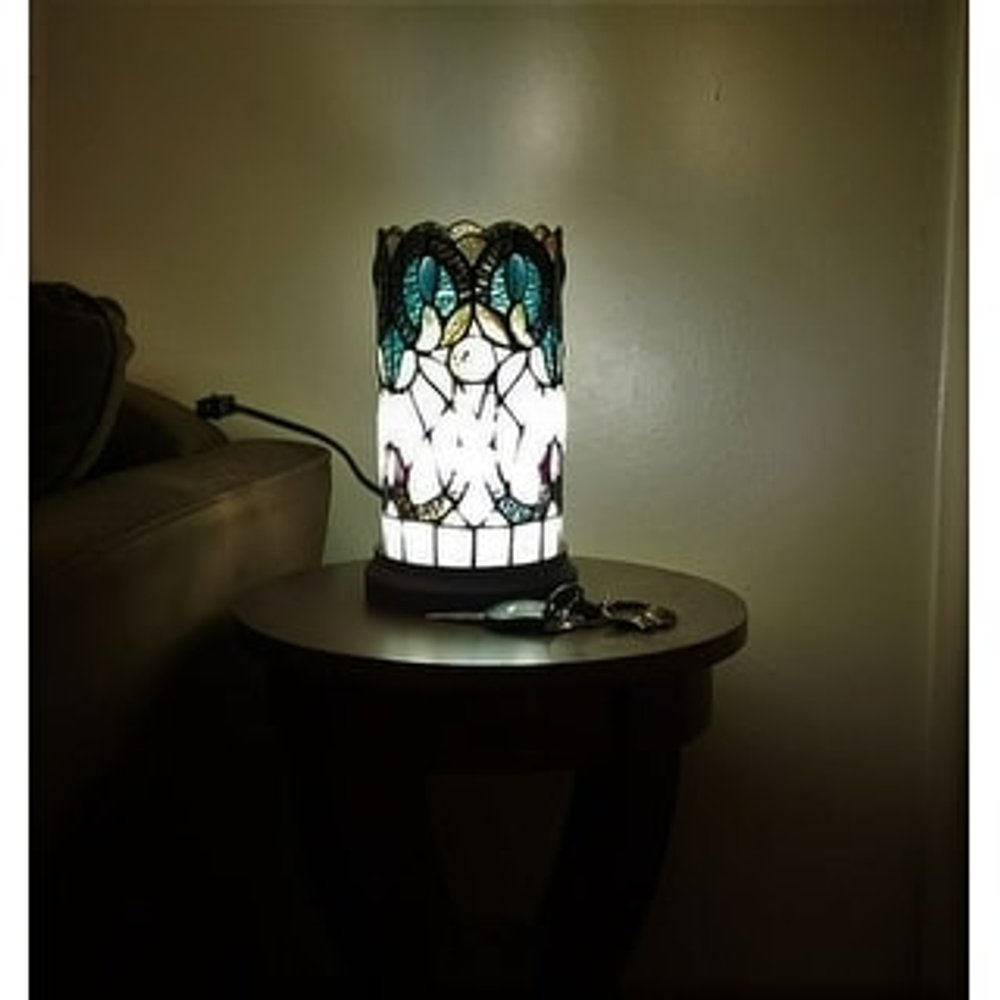 11" Beige and Orange Mosaic Tile Stained Glass Accent Lamp HomeRoots