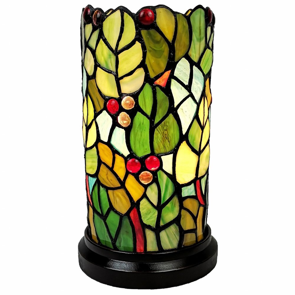 11" Green and Red Leaves and Berries Stained Glass Accent Lamp — view 1