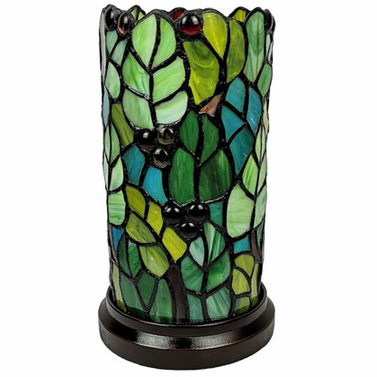 11" Green and Red Leaves and Berries Stained Glass Accent Lamp