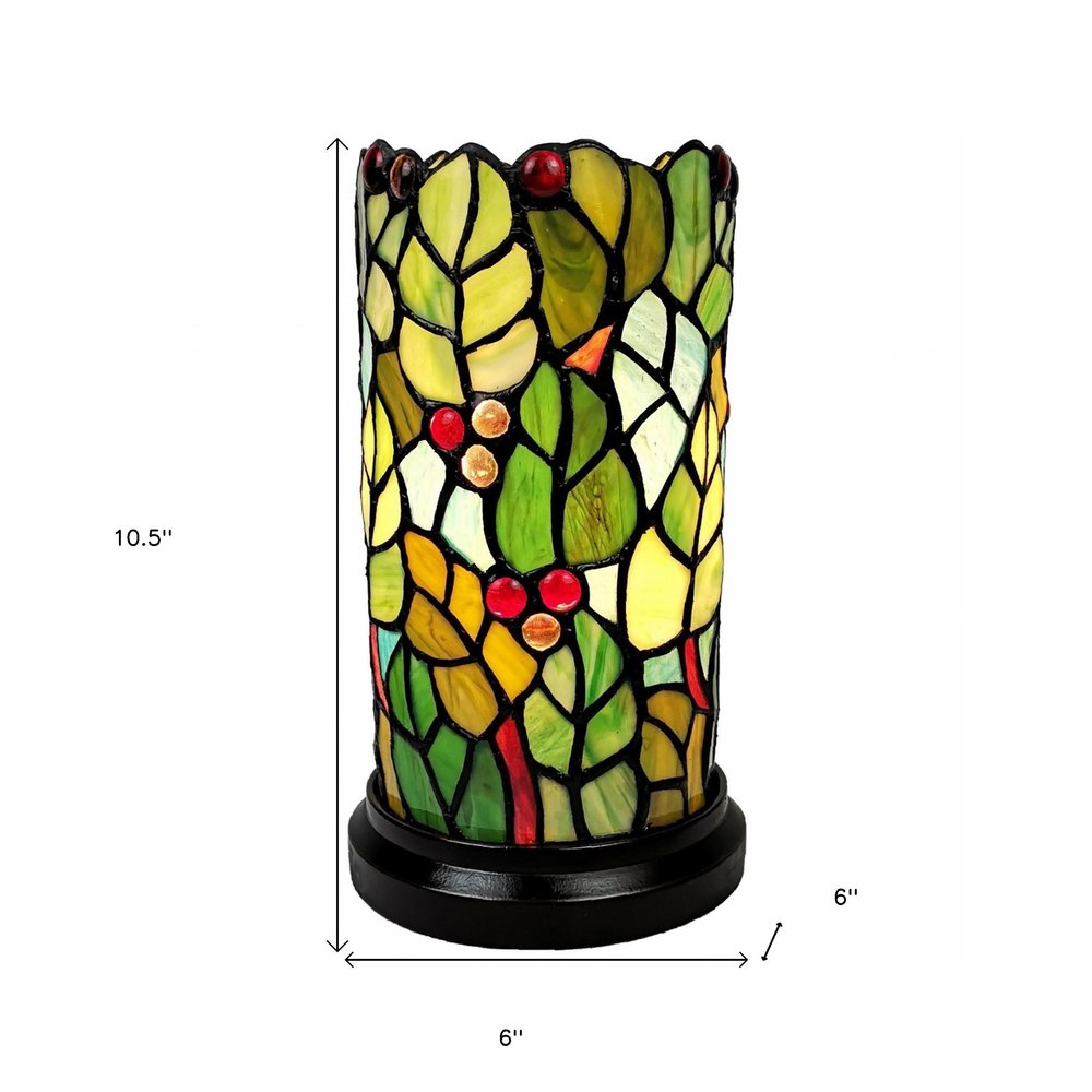 11" Green and Red Leaves and Berries Stained Glass Accent Lamp — view 5