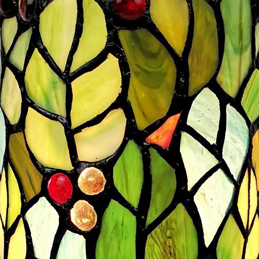 11" Green and Red Leaves and Berries Stained Glass Accent Lamp HomeRoots