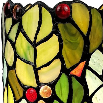 11" Green and Red Leaves and Berries Stained Glass Accent Lamp HomeRoots