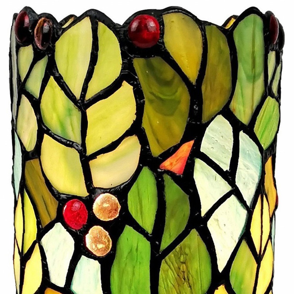 11" Green and Red Leaves and Berries Stained Glass Accent Lamp — view 7