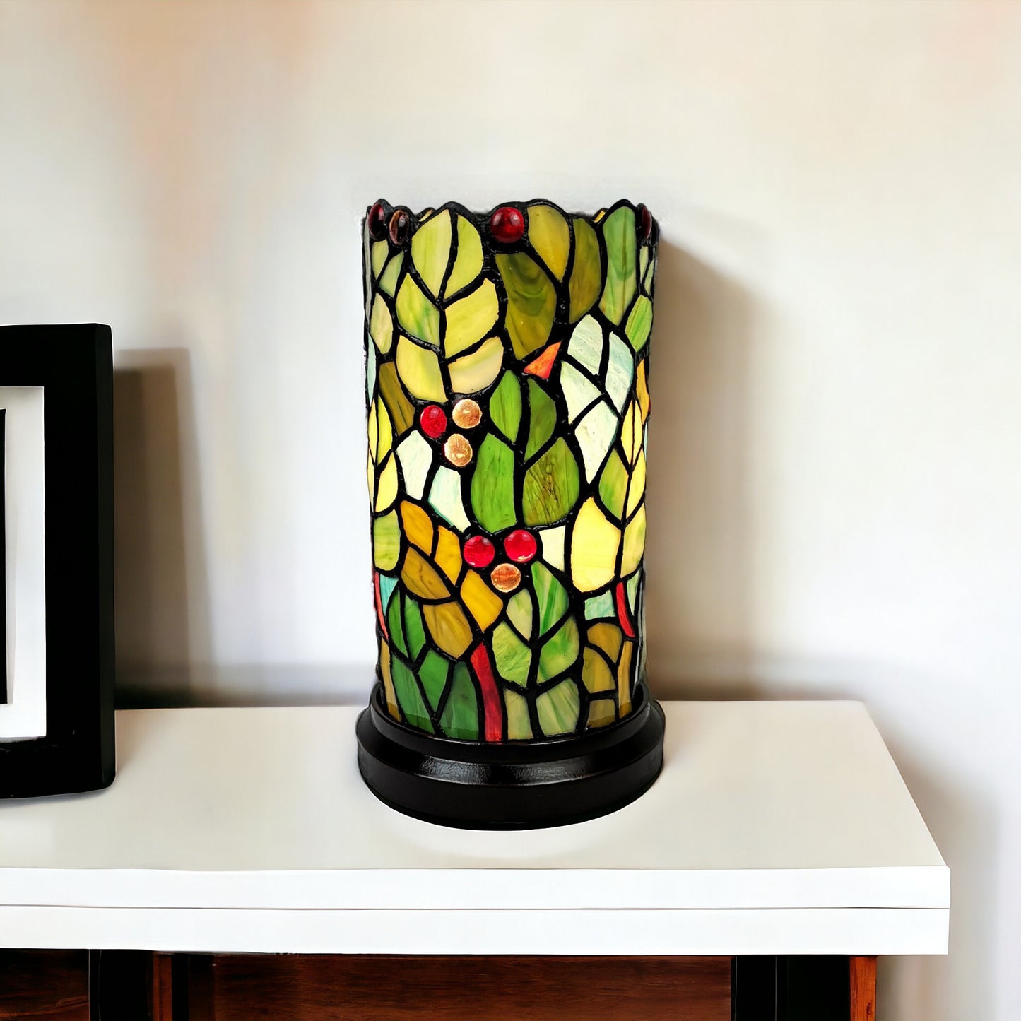 11" Green and Red Leaves and Berries Stained Glass Accent Lamp