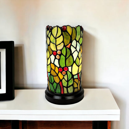 11" Green and Red Leaves and Berries Stained Glass Accent Lamp HomeRoots