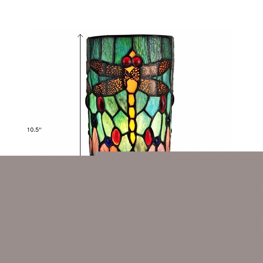 11" Green Brown and Orange Dragonfly Stained Glass Accent Lamp HomeRoots
