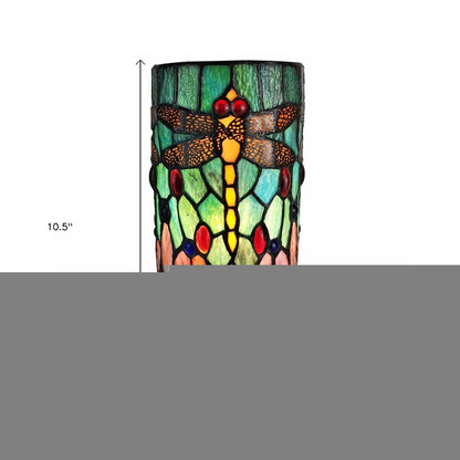11" Green Brown and Orange Dragonfly Stained Glass Accent Lamp HomeRoots