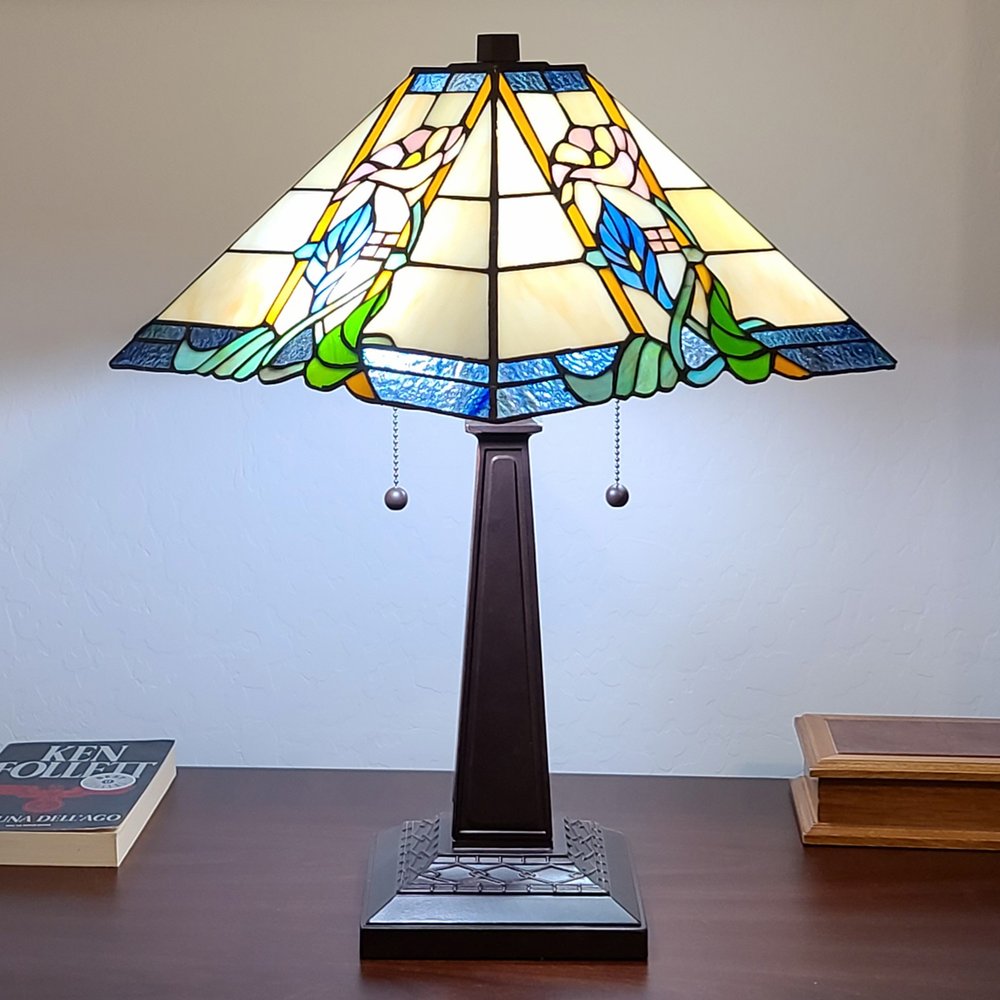 22" Dark Brown Metal Two Light Candlestick Table Lamp With Blue and Beige Shade HomeRoots