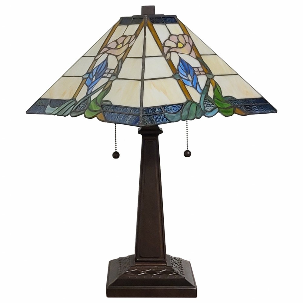 22" Dark Brown Metal Two Light Candlestick Table Lamp With Blue and Beige Shade HomeRoots