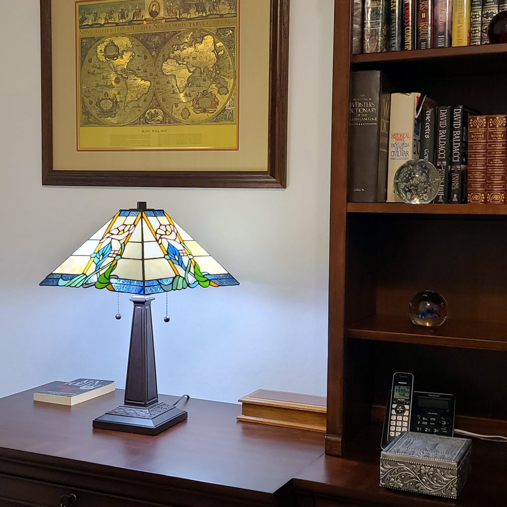 22" Dark Brown Metal Two Light Candlestick Table Lamp With Blue and Beige Shade HomeRoots