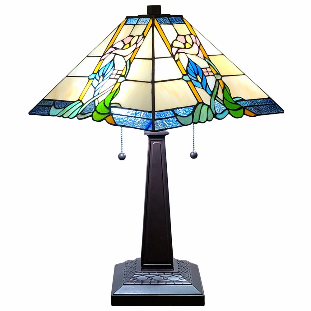 22" Dark Brown Metal Two Light Candlestick Table Lamp With Blue and Beige Shade HomeRoots