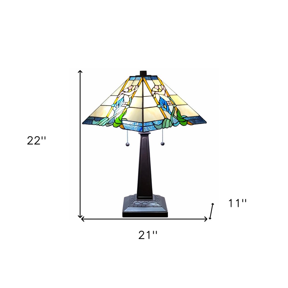 22" Dark Brown Metal Two Light Candlestick Table Lamp With Blue and Beige Shade HomeRoots