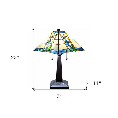 22" Dark Brown Metal Two Light Candlestick Table Lamp With Blue and Beige Shade HomeRoots