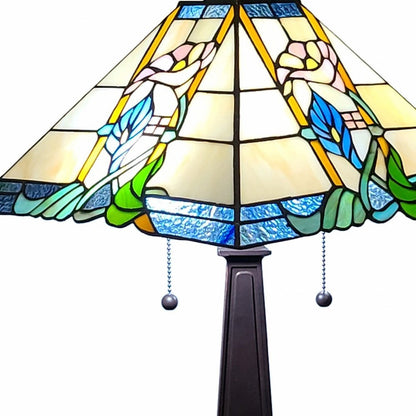 22" Dark Brown Metal Two Light Candlestick Table Lamp With Blue and Beige Shade HomeRoots