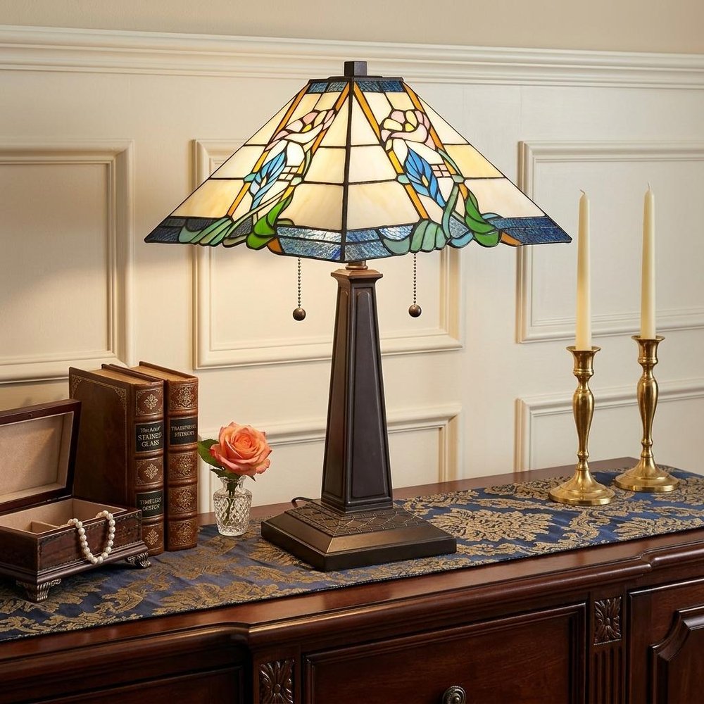 22" Dark Brown Metal Two Light Candlestick Table Lamp With Blue and Beige Shade HomeRoots