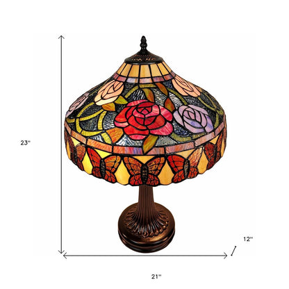 23" Dark Brown Metal Two Light Candlestick Table Lamp With Red and Black Shade HomeRoots
